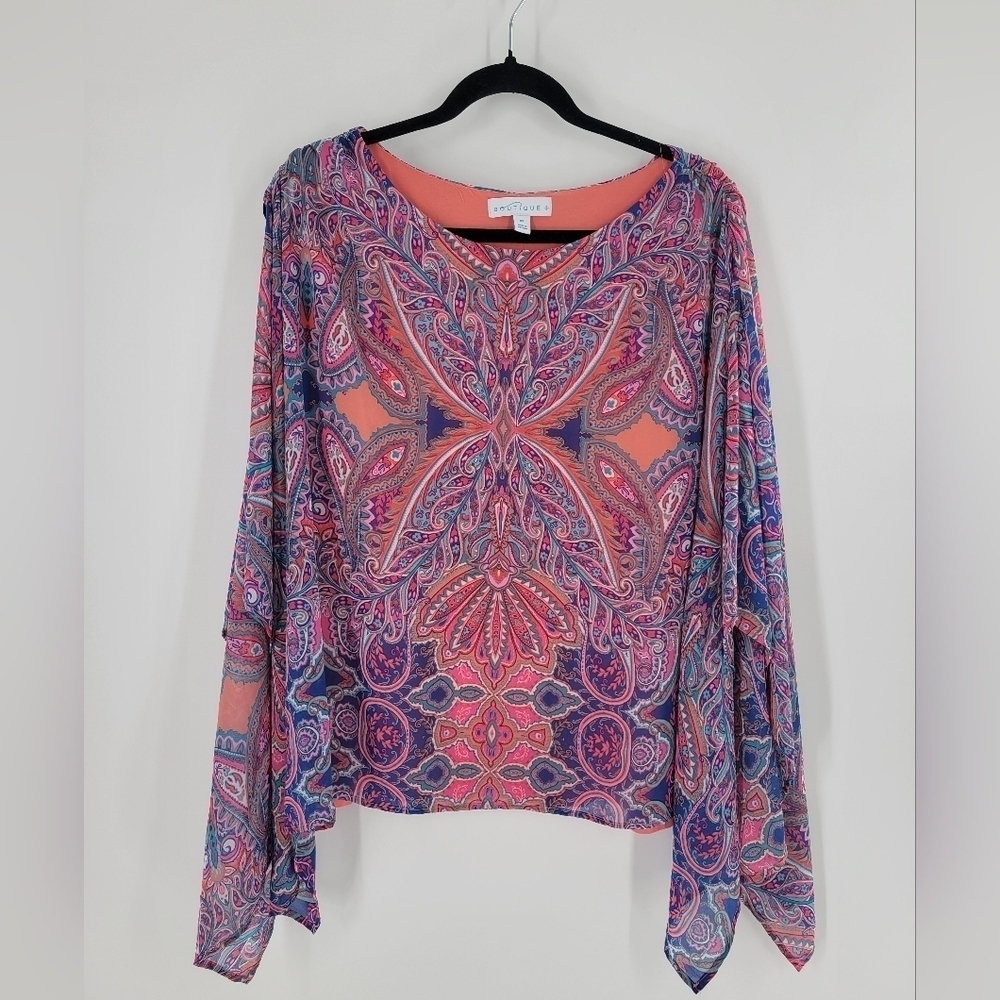 Boutique‎ Poncho Blouse Size L Pink Fuchsia  Boho Flowy Colorful